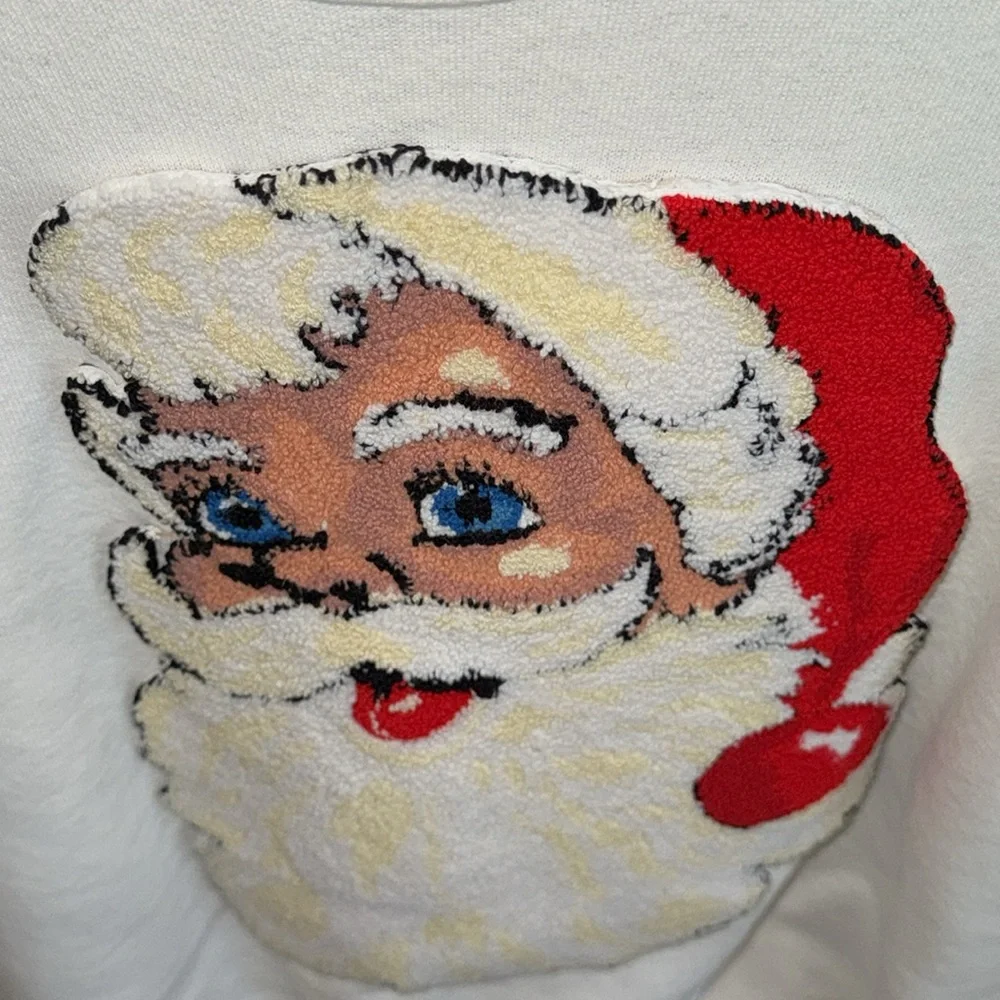 Vintage rare USA made white sweatshirt raised Santa 3D tufted rug graphic XL